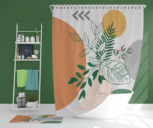 Green Leaves Sun Boho Shower Curtain, Bohemian Abstract Retro Fabric, Unique Home Bathroom Decor Accessory