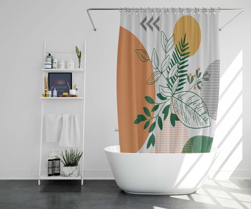 Green Leaves Sun Boho Shower Curtain, Bohemian Abstract Retro Fabric, Unique Home Bathroom Decor Accessory - Image 2