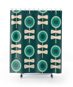 Green Mid Century Modern Shower Curtain, Retro Bathroom Decor Accessories