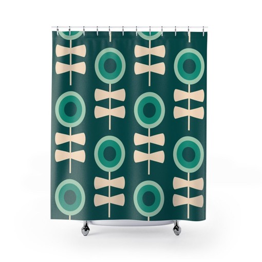 Green Mid Century Modern Shower Curtain, Retro Bathroom Decor Accessories