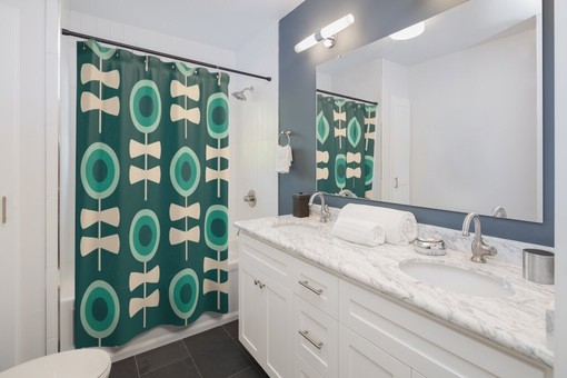 Green Mid Century Modern Shower Curtain, Retro Bathroom Decor Accessories - Image 2