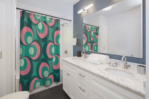Green Mid Century Modern Shower Curtain | Vintage Bathroom Decor 1950s 1960s Style | Print Shower Curtain - Image 2