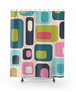 Green Mid Century Modern Shower Curtain, Vintage Retro Apartment Bathroom Decor
