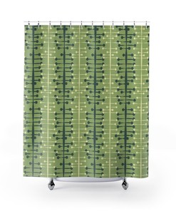 Green Mid Century Modern Shower Curtain, Vintage Retro Bathroom Decor