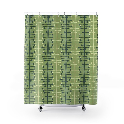 Green Mid Century Modern Shower Curtain, Vintage Retro Bathroom Decor