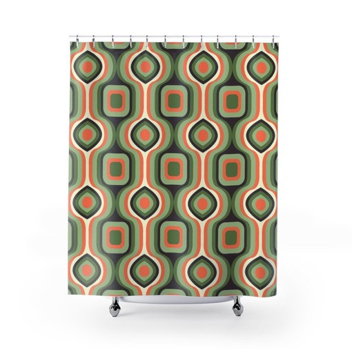 Green Mid Century Modern Shower Curtain, Vintage Retro Rustic Bathroom Decor