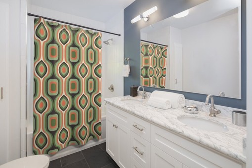 Green Mid Century Modern Shower Curtain, Vintage Retro Rustic Bathroom Decor - Image 2
