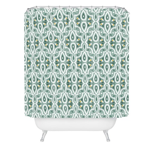 Green Moroccan Geometric Boho Shower Curtain, Vintage-Inspired Bathroom Decor, Fabric Bath Curtain - Image 2