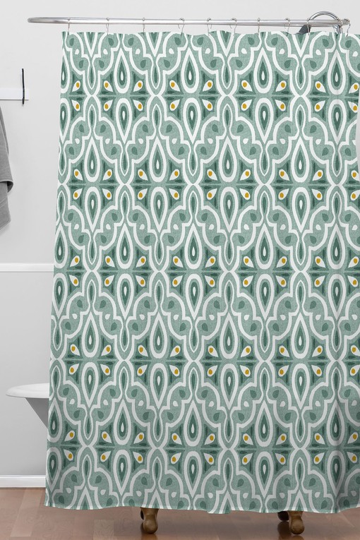 Green Moroccan Geometric Boho Shower Curtain, Vintage-Inspired Bathroom Decor, Fabric Bath Curtain - Image 3