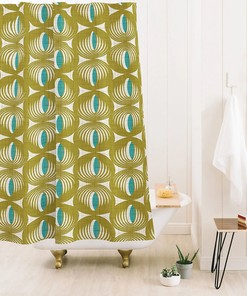 Green Retro Geometric Shower Curtain | Mid Century Modern Bath Decor | Restroom Shower Curtains