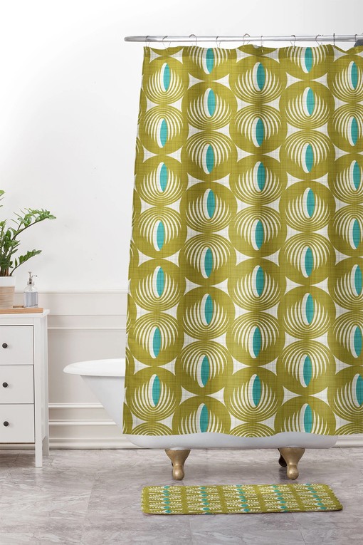 Green Retro Geometric Shower Curtain | Mid Century Modern Bath Decor | Restroom Shower Curtains - Image 2