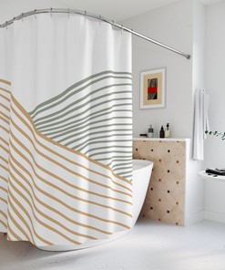 Grey Mustard Lines Waves Abstract Art Shower Curtain or Mat, Minimalistic Contemporary Curtain