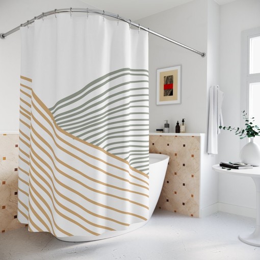 Grey Mustard Lines Waves Abstract Art Shower Curtain or Mat, Minimalistic Contemporary Curtain