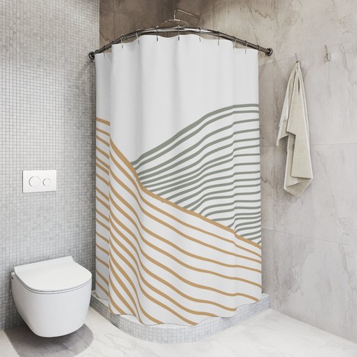 Grey Mustard Lines Waves Abstract Art Shower Curtain or Mat, Minimalistic Contemporary Curtain - Image 2
