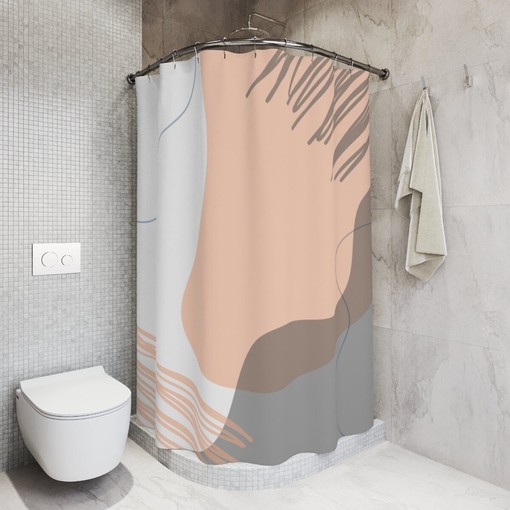 Grey and Orange Abstract Art Circles and Lines Print Shower Curtain for Modern Bathroom Decor