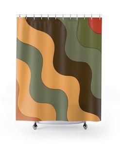 Groovy Abstract Brown, Green, and Orange Retro Shower Curtain