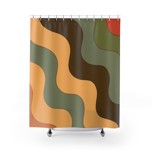 Groovy Abstract Brown, Green, and Orange Retro Shower Curtain