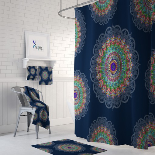 Groovy Blue Hippie Mandala Shower Curtain for a Retro Bathroom - Image 2