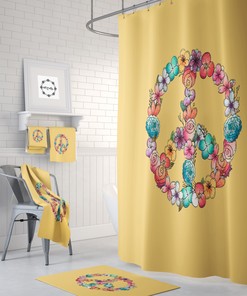 Groovy Floral Peace Sign Shower Curtain Set - Funky Bath Set with Optional Set Hippie Bathroom Decor