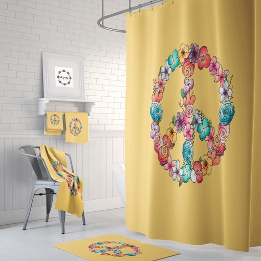 Groovy Floral Peace Sign Shower Curtain Set - Funky Bath Set with Optional Set Hippie Bathroom Decor