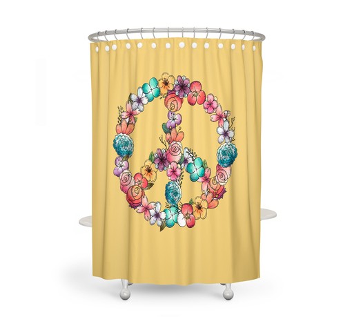 Groovy Floral Peace Sign Shower Curtain Set - Funky Bath Set with Optional Set Hippie Bathroom Decor - Image 2