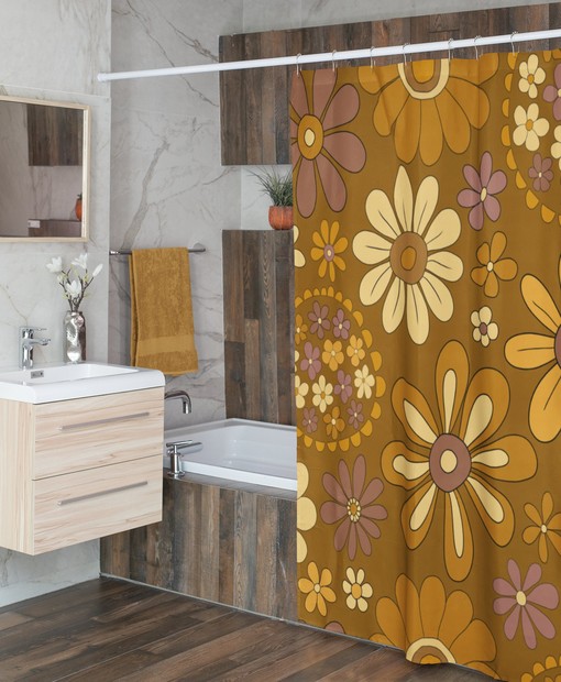 Groovy Flower Power Shower Curtains, Retro Hippie Bathroom Decor, Boho Bath Accessory