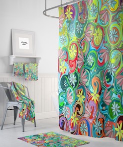 Groovy Hippie Chic Floral Shower Curtain Set - Funky Bath Set with Colorful Accents for Free-Spirited Bathroom Decor