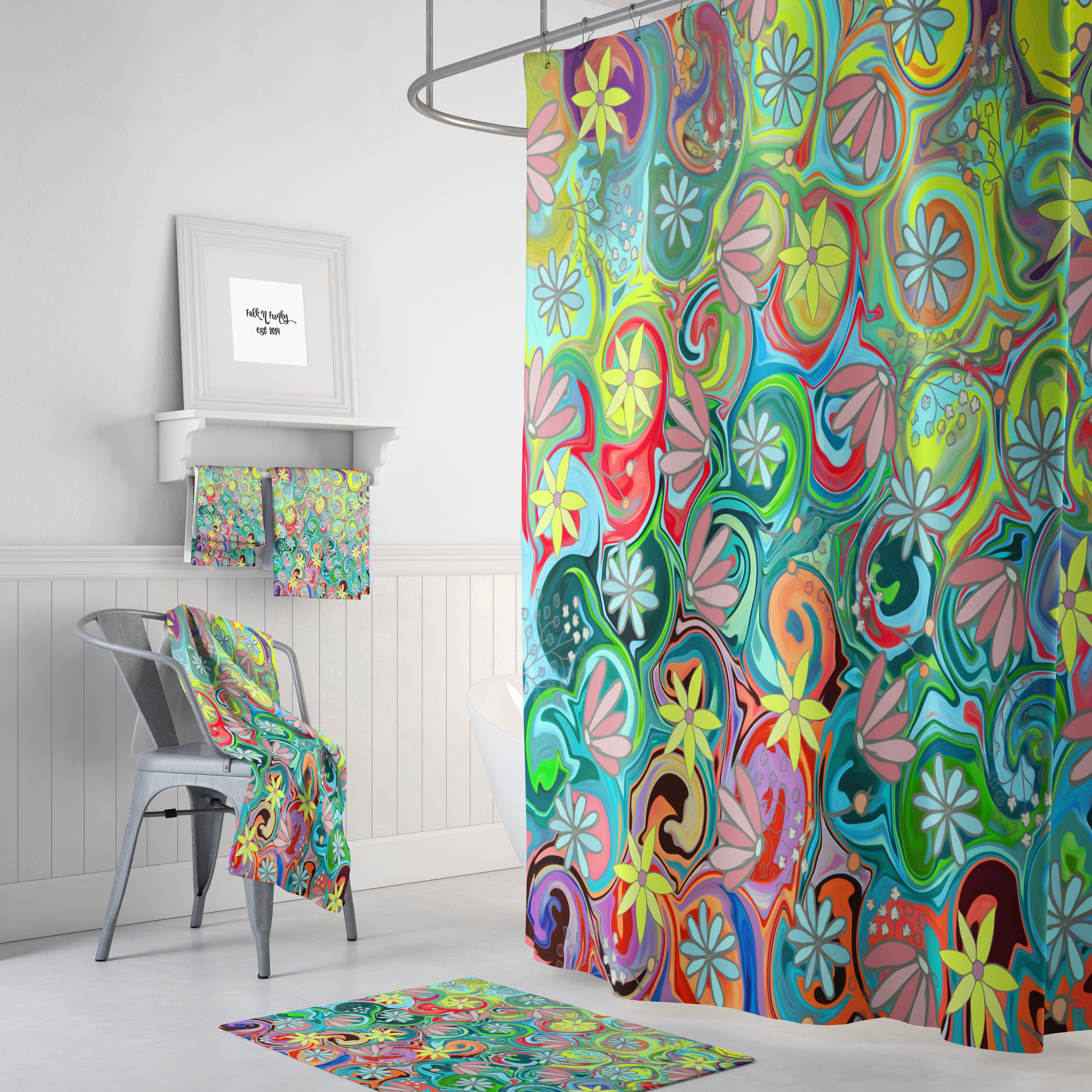 Groovy Hippie Chic Floral Shower Curtain Set - Funky Bath Set with Colorful Accents for Free-Spirited Bathroom Decor