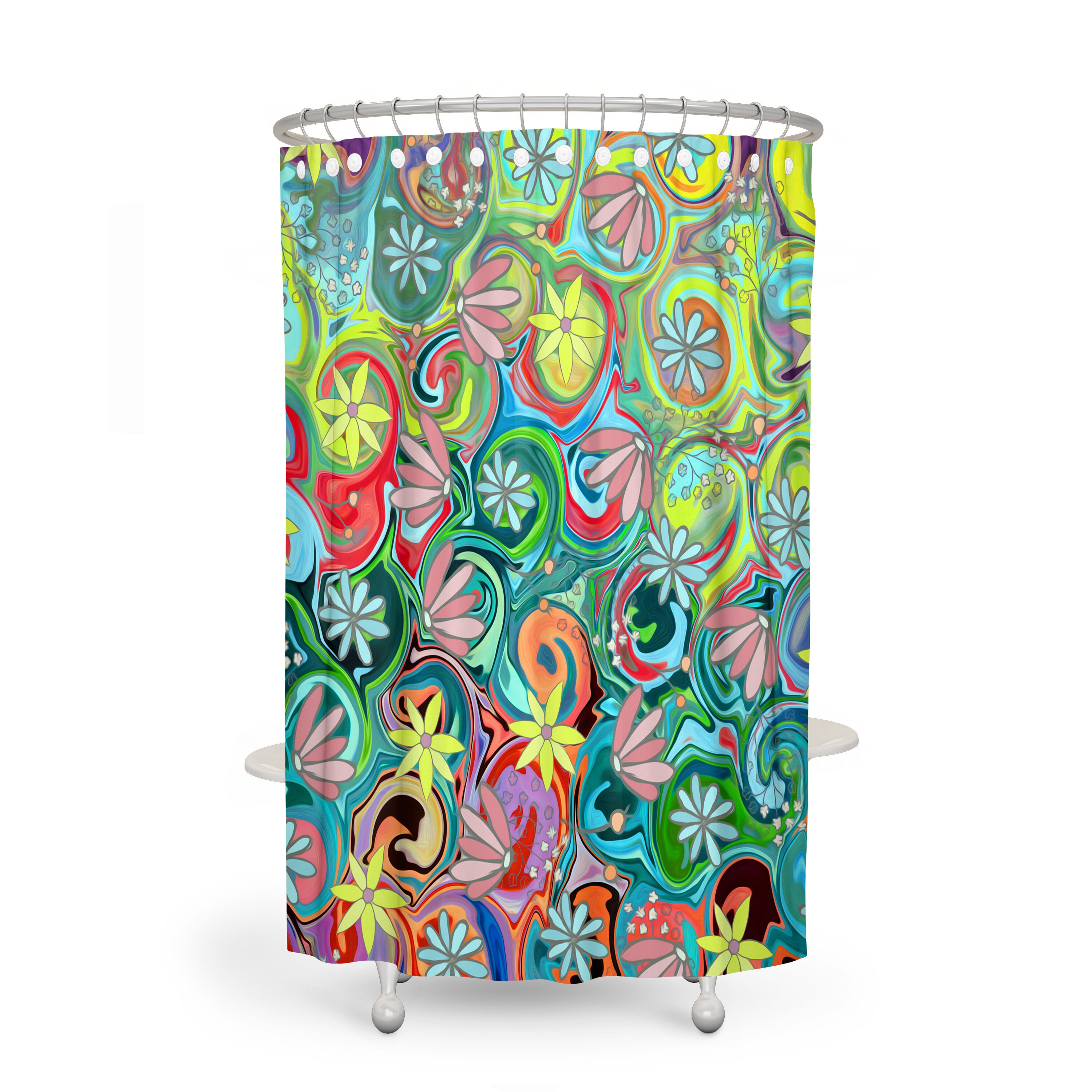Groovy Hippie Chic Floral Shower Curtain Set - Funky Bath Set with Colorful Accents for Free-Spirited Bathroom Decor - Image 2