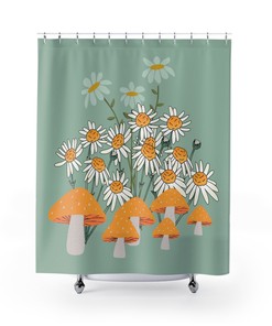 Groovy Mushroom 70's Shower Curtain with Indie Wild Flower and Daisy Design