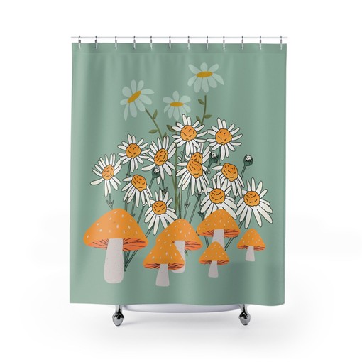 Groovy Mushroom 70's Shower Curtain with Indie Wild Flower and Daisy Design