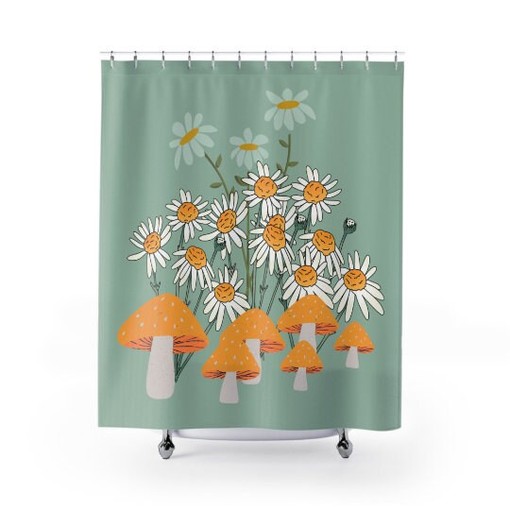 Groovy Mushroom 70's Shower Curtain with Indie Wild Flower and Daisy Design - Image 2