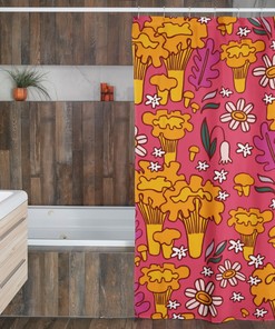 Groovy Mushroom and Floral Shower Curtain, Vintage Bathroom Decor, Unique Tub Accessory