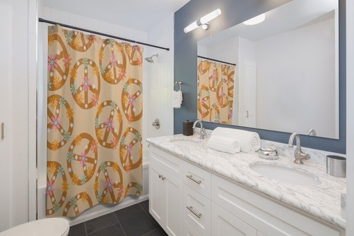 Groovy Peace Sign Shower Curtain, Retro Hippie Bathroom Decor, Unique Tub Accessory - Image 3