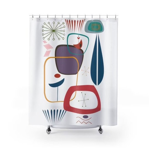 Groovy Retro Abstract Atomic White Shower Curtain for MCM Bathroom - Image 2