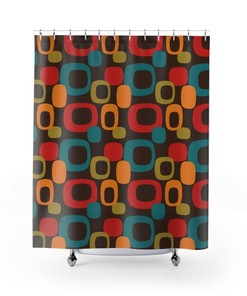 Groovy Retro Burnt Orange and Teal Blue Geometric Shower Curtain