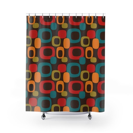 Groovy Retro Burnt Orange and Teal Blue Geometric Shower Curtain