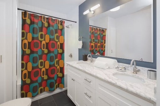 Groovy Retro Burnt Orange and Teal Blue Geometric Shower Curtain - Image 2