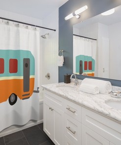 Groovy Retro Camper Shower Curtain, Colorful Bathroom Decor, Vintage Tub Accessory