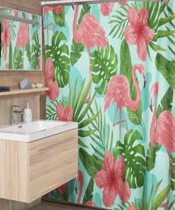 Groovy Retro Flamingo Shower Curtain, Tropical Bathroom Decor, Colorful Bath Decoration
