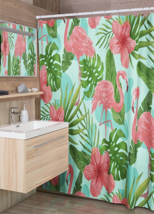 Groovy Retro Flamingo Shower Curtain, Tropical Bathroom Decor, Colorful Bath Decoration