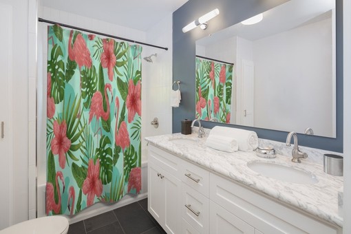 Groovy Retro Flamingo Shower Curtain, Tropical Bathroom Decor, Colorful Bath Decoration - Image 2