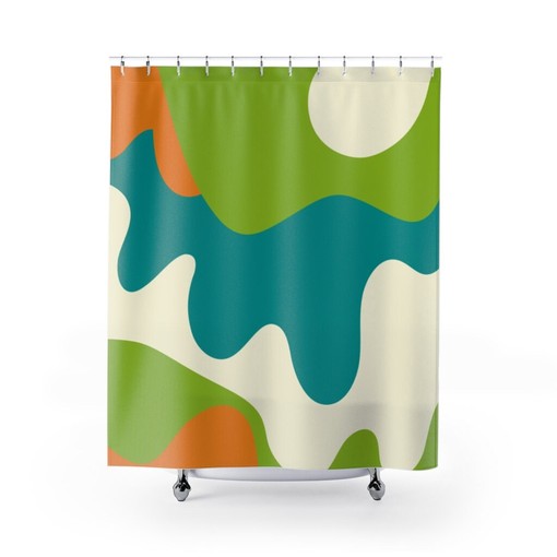 Groovy Retro Green, Teal Blue, and Orange Swirl Shower Curtain