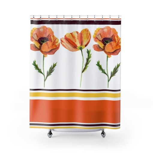 Groovy Retro Poppy Shower Curtain, Floral Bathroom Decor, Unique Tub Accessory