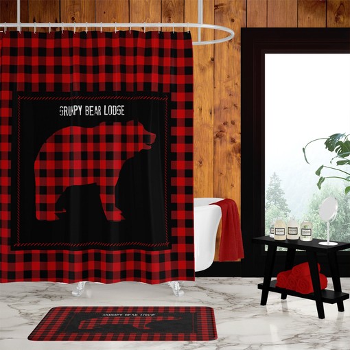 Grumpy Bear Lodge Rustic Country Lumberjack Plaid Shower Curtain Set