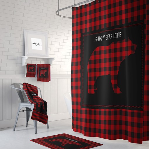 Grumpy Bear Lodge Rustic Country Lumberjack Plaid Shower Curtain Set - Image 2
