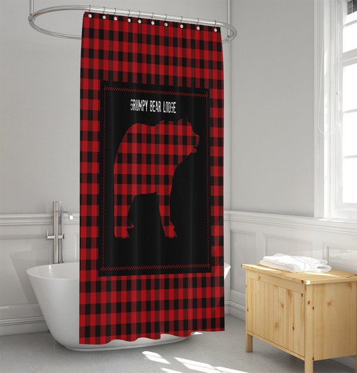 Grumpy Bear Lodge Rustic Country Lumberjack Plaid Shower Curtain Set - Image 3