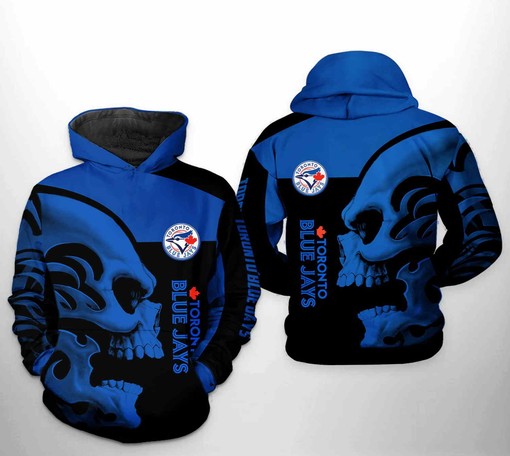 Grunge Style Skull Toronto Blue Jays Baseball Hoodie with 3D Design - Edgy and Cool