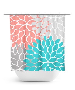 Guest Coral Aqua Gray Flower Shower Curtain | Unique Aqua Bathtub Curtain Bath Decor