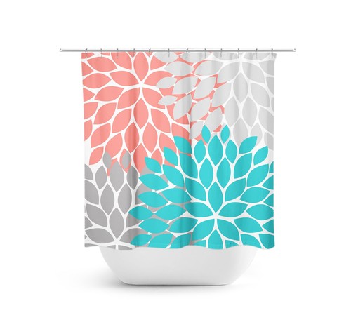Guest Coral Aqua Gray Flower Shower Curtain | Unique Aqua Bathtub Curtain Bath Decor